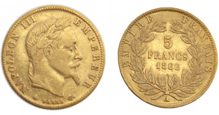 150 Eur 5 Francos Napoleon III 1866 A ORO 900